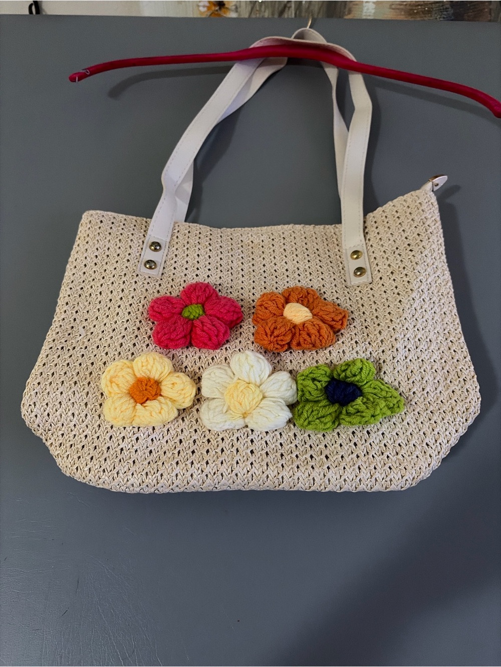 Lulla collection Handcrafted Cream Crochet Tote with Multicolor Flower Appliqués